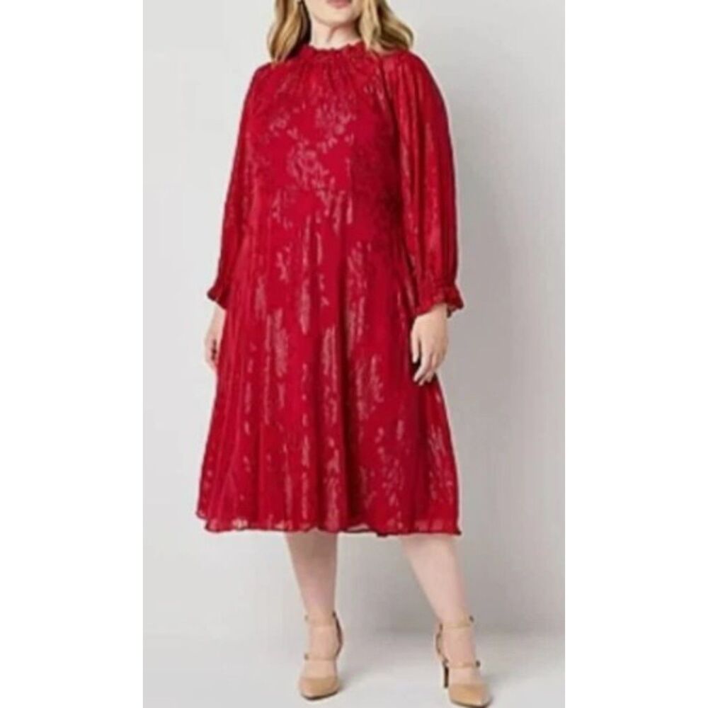 LIZ CLAIBORNE Sparkly Rumba Red Plus Sz 20 High Ruffle Neck Lined Midi Dress NEW